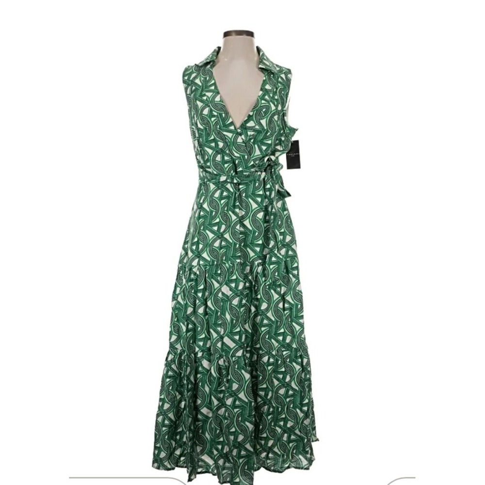 Tahari ASL Sleeveless Shirtdress Women 6 NWT Green Geometric Tiered Midi